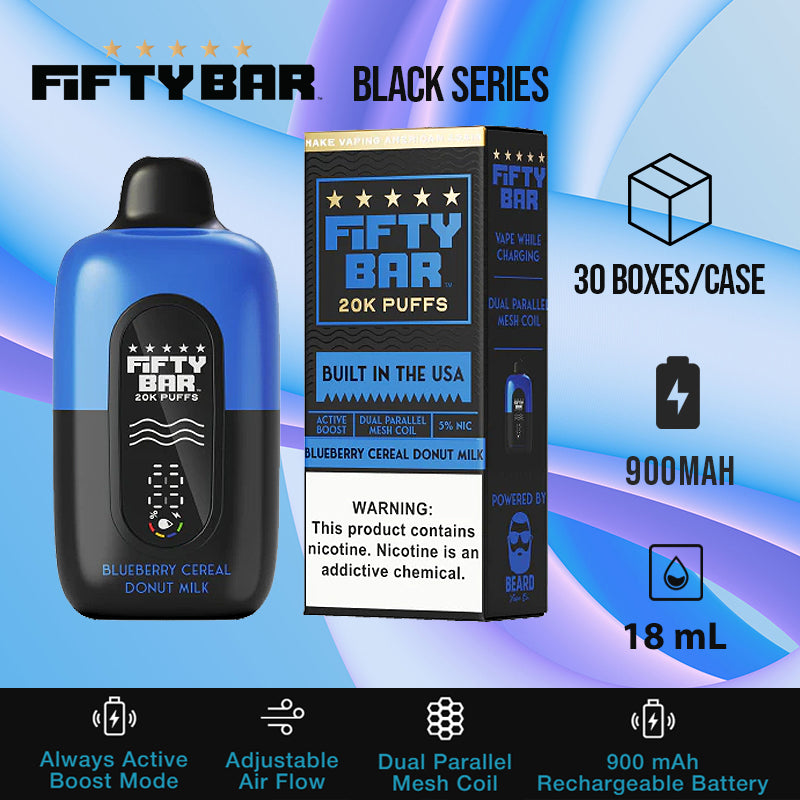 Fifty bar 20k black series|disposable vape|vape wholesale|vapes|disposables|blueberry cereal donut milk