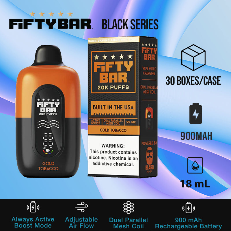 Fifty bar 20k black series|disposable vape|vape wholesale|vapes|disposables|gold tobacco