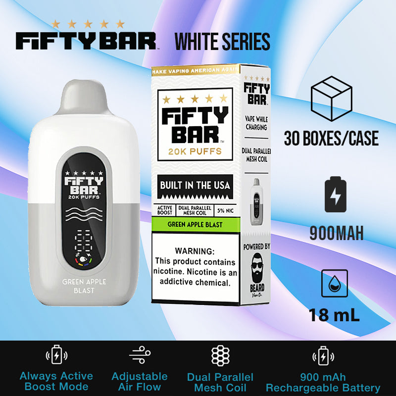 Fifty bar 20k white series|disposable vape|vape wholesale|vapes|disposables|green apple blast