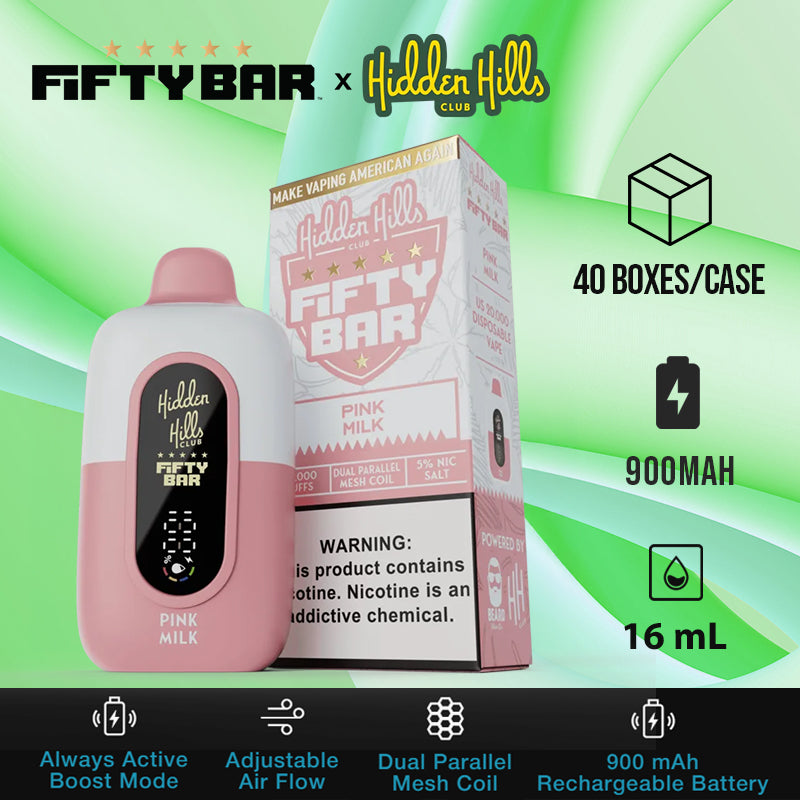 Fifty bar 20k hidden hills club |disposable vape|vape wholesale|vapes|disposables|pink milk