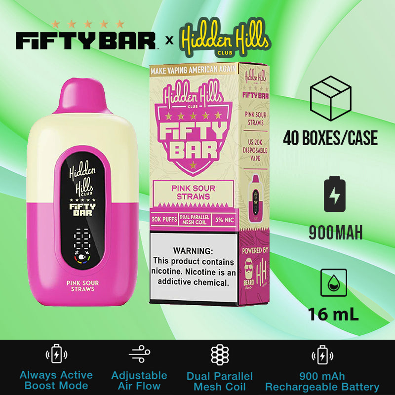 Fifty bar 20k hidden hills club |disposable vape|vape wholesale|vapes|disposables|pink sour straws