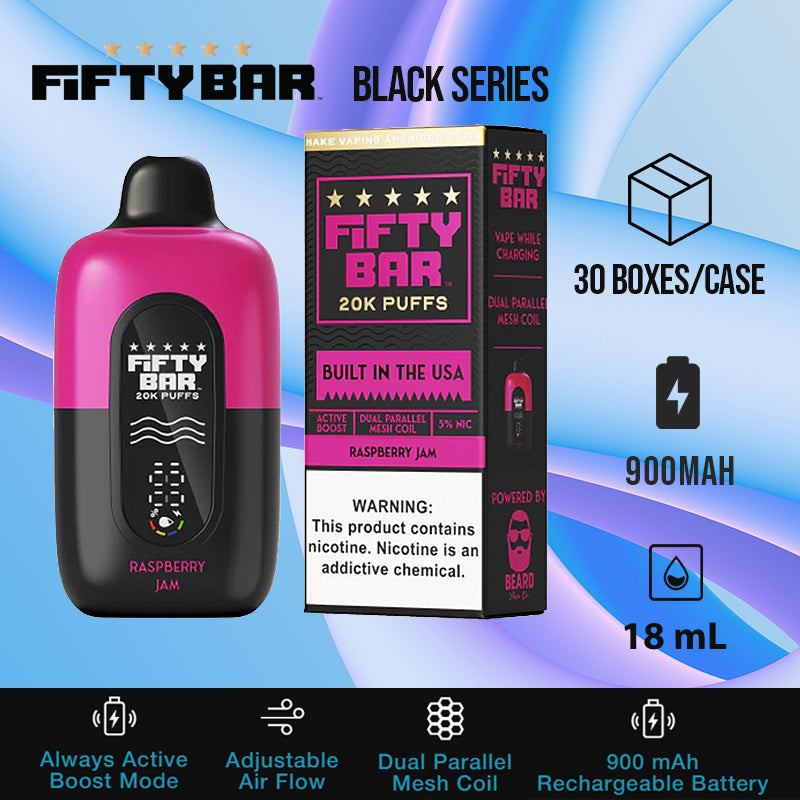 Fifty bar 20k black series|disposable vape|vape wholesale|vapes|disposables|raspberry jam