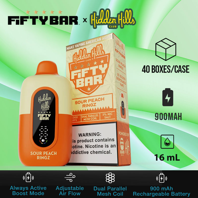 Fifty bar 20k hidden hills club |disposable vape|vape wholesale|vapes|disposables|sour peach ringz