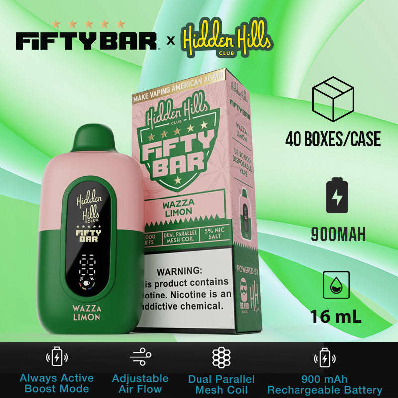 Fifty bar 20k hidden hills club |disposable vape|vape wholesale|vapes|disposables|wazza limon